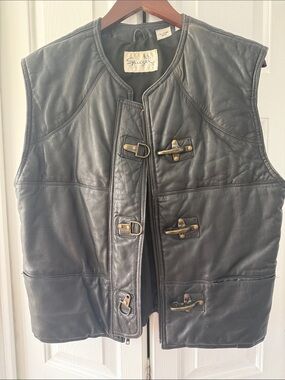 Vintage Spiegel Black Leather Vest with Brass Toggle Details